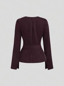 Sweetra 初秋新款韩版套装，棕色条纹设计，V领，收腰，修身时尚女装套装 - 棕色 - 查看 6