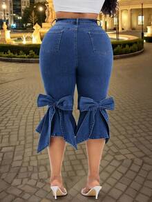 Slaydiva 大码女式弹力牛仔裤，饰有蝴蝶结，修身休闲七分喇叭裤腿牛仔套装 - 深色水洗藍 - 查看 2