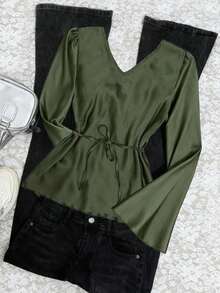 Rina Fox Women's Elegant Satin V-Neck Flare Sleeve Top, Green - Green - View 2