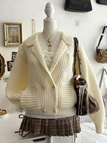 Lalippa Plus Size Women Casual Everyday Commute Simple Solid Color Lapel Collar Drop Shoulder Loose Double-Breasted Cardigan, Autumn/Winter - Apricot - View 1