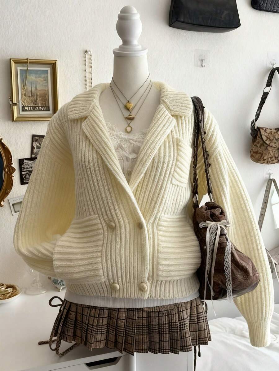 Lalippa Plus Size Women Casual Everyday Commute Simple Solid Color Lapel Collar Drop Shoulder Loose Double-Breasted Cardigan, Autumn/Winter - Apricot - View 1