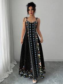 Rafferiza 女士宽松印花吊带连衣裙，度假沙滩装 - 黑色 - 查看 4