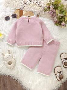 两件套女婴/幼儿粉色毛衣套装，圆领长袖刺绣上衣+休闲直筒裤，时尚简约风 - 粉色 - 查看 7
