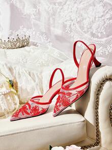CUCCOO HITCHD 女士时尚黑色花朵优雅派对高跟凉鞋 - 紅色 - 查看 12