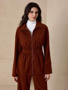 Graceveil 女士休闲拉链喇叭裤阿拉伯风格套装，秋冬款 - 咖啡棕 - 查看 6