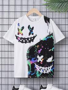 SHEIN Tween Boy Loose Casual Round Neck Luminous Print Short-Sleeved T-Shirt
