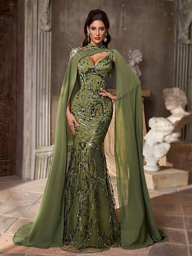 Aureia Elegante chal desmontable con cuentas y lentejuelas, vestido formal de cola de sirena con escote en V y cintura transparente, adecuado para todas las ocasiones formales, bodas, eventos, fiestas, vestido de la madre de la novia, vestido de noche con pesados bordados - Verde Oliva - Añade 4