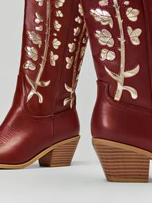 SHUZIA Giày bốt cao bồi mũi nhọn mũi nhọn chất liệu da thuần chay thêu họa tiết mới dành cho nữ - Màu Đỏ Sâu - Xem 9