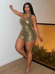 Slaydiva Quần short nữ cỡ lớn, thanh lịch, cạp cao, ôm sát, màu đen trơn, xếp ly hai bên, chất liệu vải phủ PU. - màu xanh lá - Xem 6
