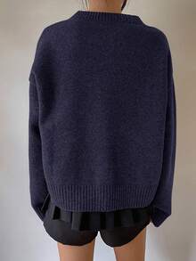 DAZY Áo len dài tay cổ chữ V dáng rộng màu trơn đơn giản dành cho nữ, mùa thu/đông - Màu xanh hải quân - Xem 2