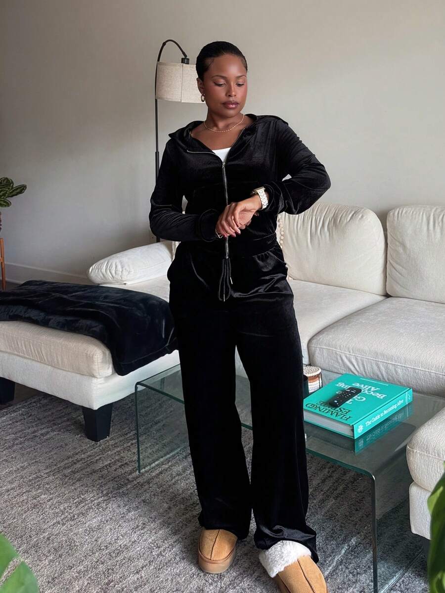Tyla Gomez Black Velvet Rhinestone Decorated Hooded Zip-Up Top And Pocket Pants Women Casual Sport Suit - Black - View 1