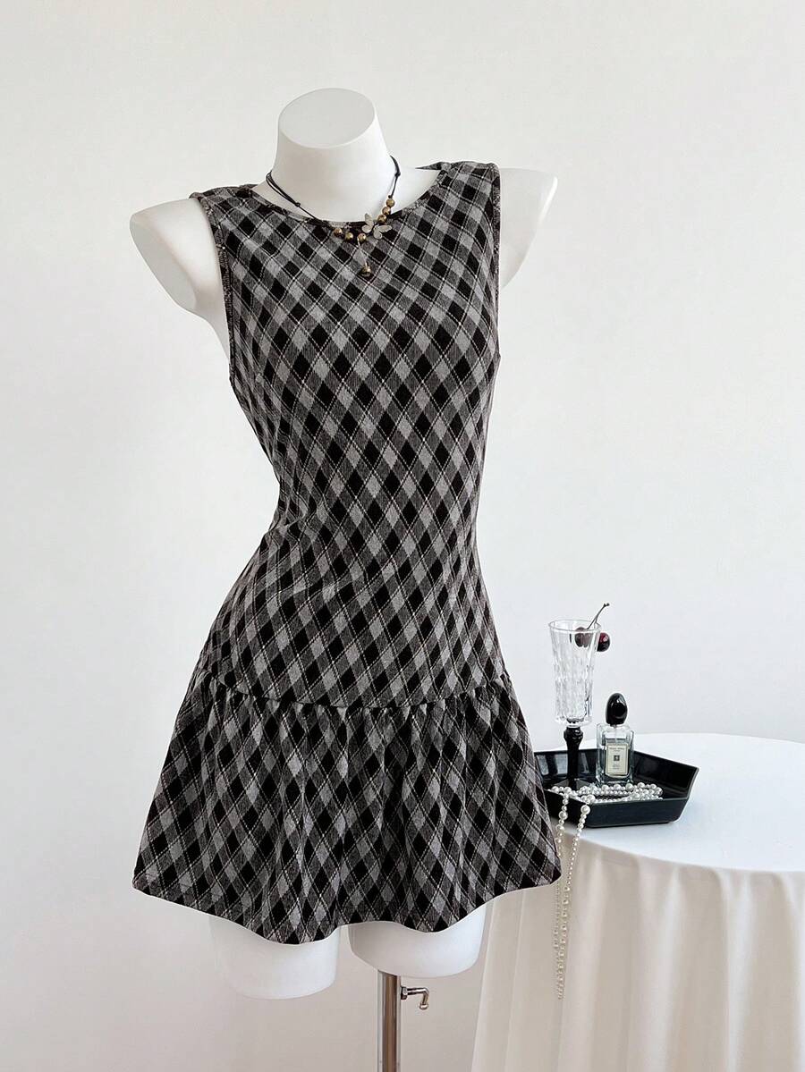 Elamini Váy chữ A không tay kẻ caro dành cho nữ, phong cách đường phố đơn giản, thoải mái, co giãn và mềm mại, phù hợp cho mùa thu, mùa tựu trường - Cà phê nâu - Xem 1