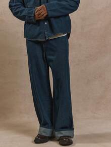 Musero Wide Leg Baggy Style Upturn Folded Cuff Jeans Self Fabric Belt Detail SPRING SUMMER Denim Rouser Only - Dark Wash - View 3
