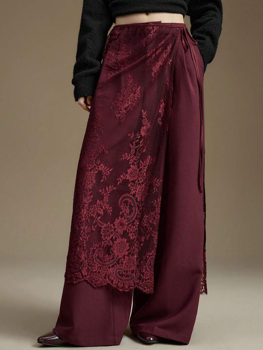 Ontre 2026春夏女士系带半身裙，都市通勤商务休闲装，OL装，教师装，优雅风格 - 酒紅色 - 查看 1