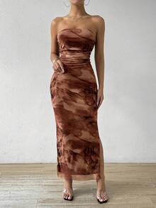 Rafferiza Váy liền thân in hoa gợi cảm xếp ly ôm vừa vặn có xẻ tà bên hông cho trang phục Maxi mùa hè dành cho nữ - Cà phê - Xem 4