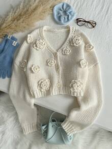 Comfortcana 大码休闲圣诞手工花卉V领落肩长袖纽扣针织开衫 - 米色 - 查看 5