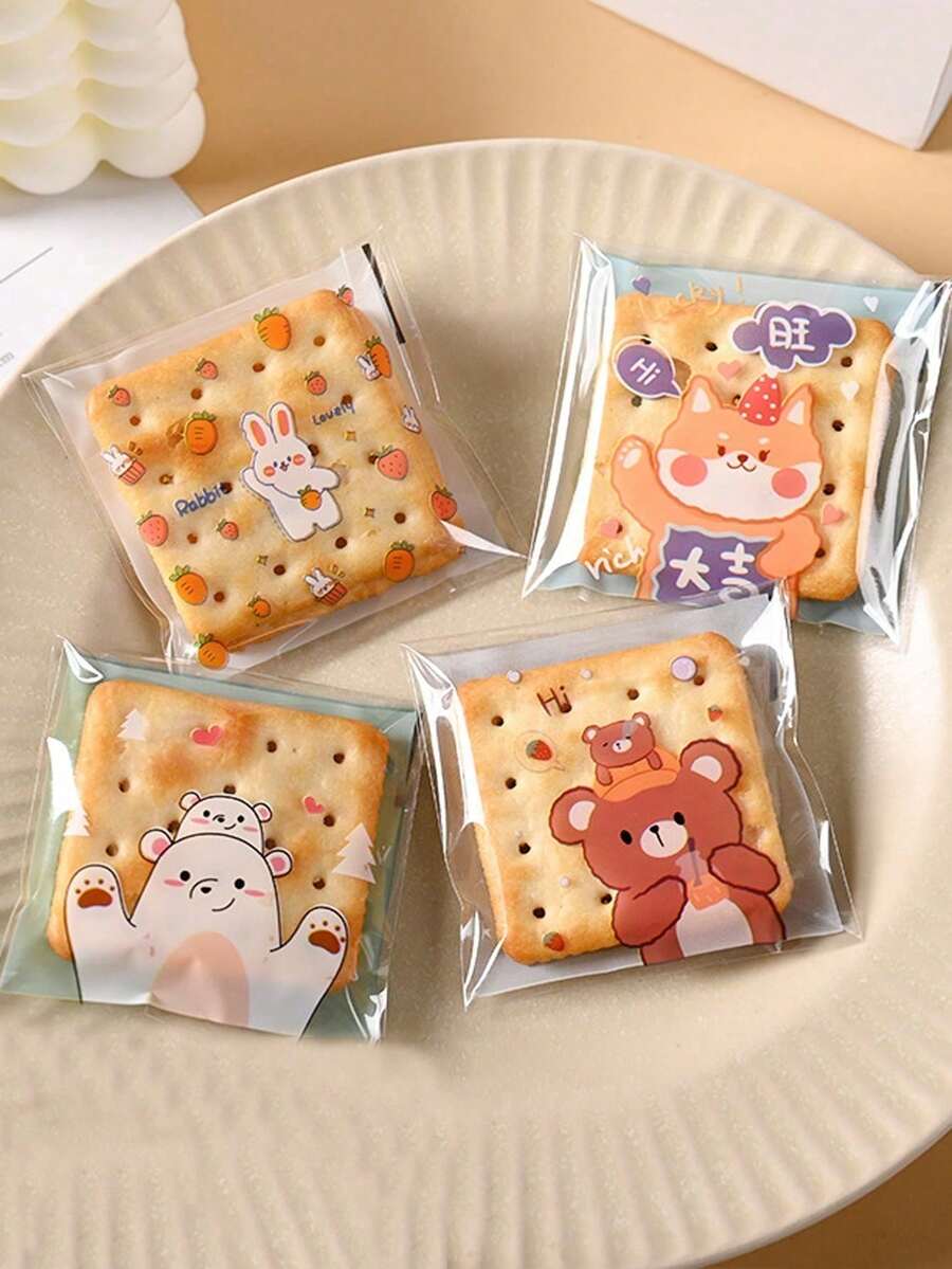 100/300/500 piezas Bolsa autoadhesiva con forma de galleta y caramelo de oso y conejo de dibujos animados en un solo paquete - Oso de té con leche - Ver 1