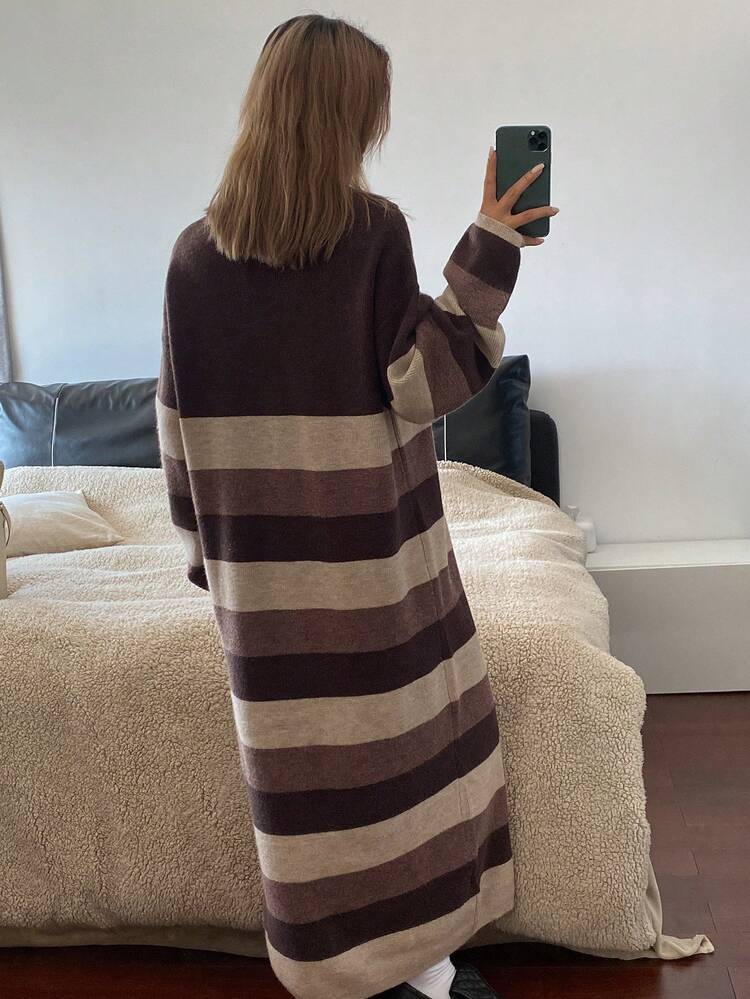 Loose Casual Business Style Elegant Brown Vintage Striped Knit Sweater Dress For Women, Autumn/Winter