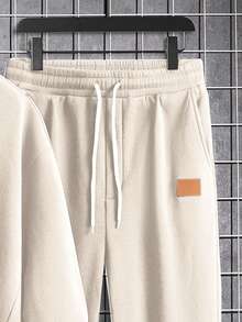 Manfinity Homme Loose Fit Men's Patched Detail Sweatshirt And Drawstring Waist Sweatpants Set Casual Two Piece Set - Beige - View 3