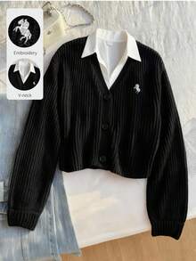 SHEIN 1 pièce Cardigan court oversize à col en V pour filles, veste en tricot noire ample à manches longues de style minimaliste mode avec motif de broderie de cheval, épaisseur régulière, ourlet et poignets soignés, couleur unie, polyvalent pour le port quotidien, la maison, les rassemblements, automne/hiver - Noir - Voir 2