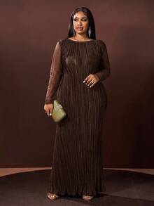 Veslaya 秋冬新品，优雅百搭，适合派对、约会、晚宴、毕业典礼、生日、婚礼等场合，宽松纯绿色网纱拼接长袖A字褶皱长裙，大码 - 圣诞连衣裙 - 棕色 - 查看 6