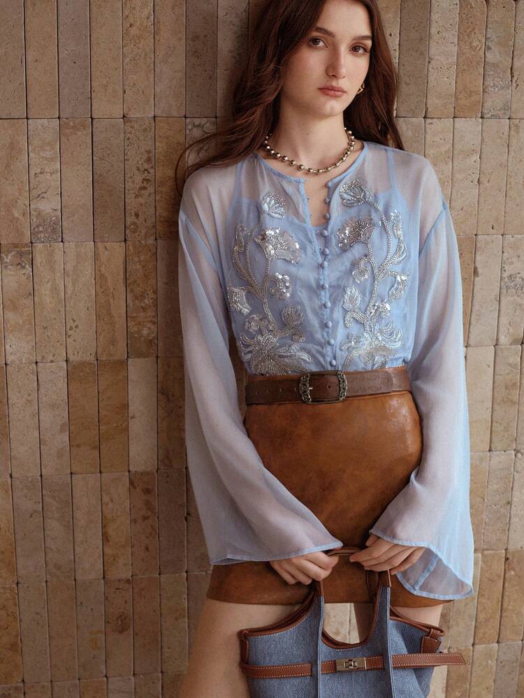 BLUSA DE MUJER DE MANGA LARGA CON BORDADO FLORAL DE LENTEJUELAS Y CUENTAS, LIGERA PARA OTOÑO