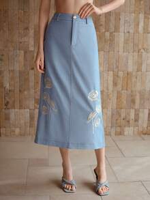 MOTF PREMIUM WOMEN'S EMBROIDERED A-LINE SKIRT WITH SPLIT - Blue - View 4