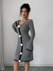 Rafferiza French Retro Vacation Casual Chic Minimalist Daily Versatile Spring Autumn Winter Women's Long Sleeve V-Neck 3D Floral Hand-Knitted Contrast Color Black & White Striped Flared Sleeve Midi Sweater Dress - Black and White - View 7
