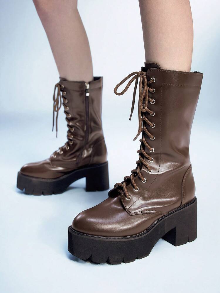 Sugerpunk Women's Fashion Brown Thick Sole Motorcycle Mid-Calf Boots, Street Style - Brown - View 1