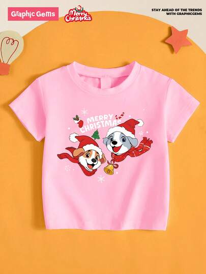 GraphicGems Camiseta feminina rosa de manga curta, edição especial para o feriado, estampa de cachorrinho natalino, fofa e alegre, básica versátil e versátil. Inclui: meias de floco de neve natalino, cachecol de sino de Natal, bengala doce, árvore de Natal e bichinho de estimação.