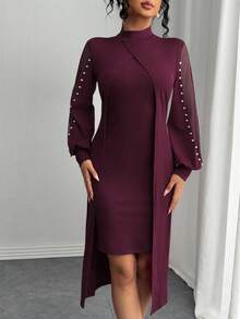 SHEIN Clasi Đầm Maxi Tay Dài Cổ Tròn Phối Lưới Trang Trí Bong Bóng Thanh Lịch Cho Nữ - Màu hồng gỉ - Xem 3