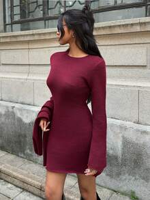 SHEIN EZwear 女士秋冬新款喇叭袖修身毛衣裙（配围巾） - 酒紅色 - 查看 3