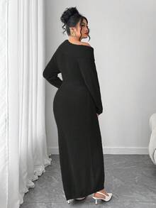 Elenzga 女士加大码宽松长袖毛衣连衣裙，露肩设计，休闲外套，大码，秋冬款 - 黑色 - 查看 2