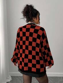 Elenzga Áo khoác cardigan tay dài họa tiết ô vuông màu sắc thường ngày thu/đông dành cho nữ cỡ lớn, rộng rãi, thoải mái, đi nghỉ, tiệc tùng - Màu Cam cháy - Xem 2