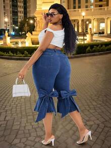 Slaydiva 大码女式弹力牛仔裤，饰有蝴蝶结，修身休闲七分喇叭裤腿牛仔套装 - 深色水洗藍 - 查看 1