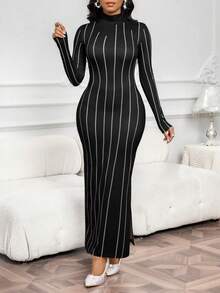 SHEIN Lady 女士时尚通勤条纹印花侧开衩修身长裙 - 黑色 - 查看 3