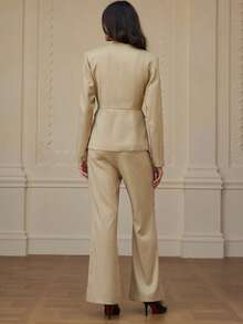 Revavyn 两件套：时尚翻领装饰通勤西装外套和休闲裤 - 卡其色 - 查看 6