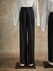 Anewsta Tall Elegant Stylish Pleated Design Deep Grey Women's Straight Leg Pants With Pockets, Suitable For Tall, Fall, Winter, Summer, Spring, New Year, Party, Wedding, Elegant, Chic, Stylish, Business Casual, Going Out - Dark Grey - View 7