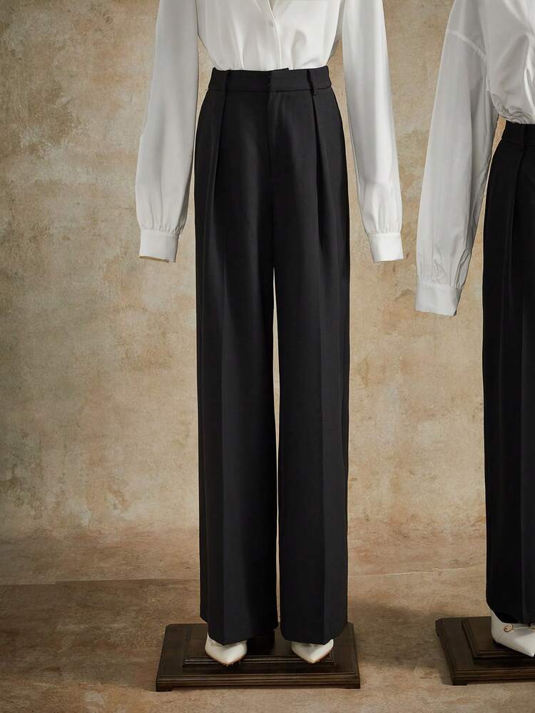 エレガントでスタイリッシュなプリーツデザイン ディープグレーの女性用ストレートレッグパンツ ポケット付き、背の高い人、秋冬春夏、新年会、パーティー、結婚式、エレガント、シック、スタイリッシュ、ビジネスカジュアル、外出に適しています