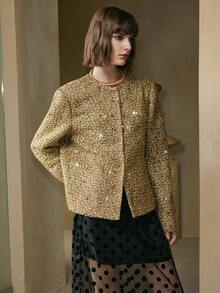 EMERY ROSE 女士亮片金属纱线面料圆领落肩长袖装饰花卉图案休闲外套 - 金色 - 查看 7