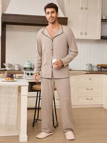 CoupledUp 男士休闲宽松磨毛V领长袖睡衣套装，秋冬款 - 卡其色 - 查看 4