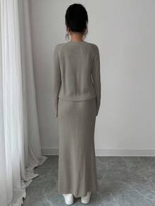 Elenzga Women's Casual Solid Color Sweater And Button-Up Knit Skirt Set, Autumn/Winter - Light Grey - View 2