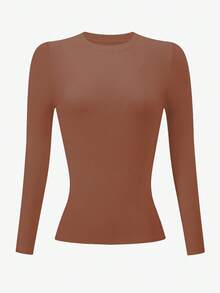 INAWLY Áo thun cổ tròn tay dài màu trơn đơn giản dành cho nữ - trái cam - Xem 3