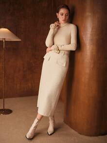 MOTF PREMIUM تنورة أنيقة أنيقة ذات شق للنساء - أبيض - مشاهدة 1