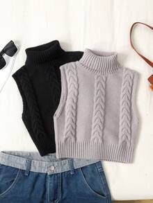 SHEIN Áo len cổ lọ xoắn không tay dệt kim 2 chiếc cho bé gái tuổi teen, màu trắng trơn và nâu cà phê - màu đen - Xem 5