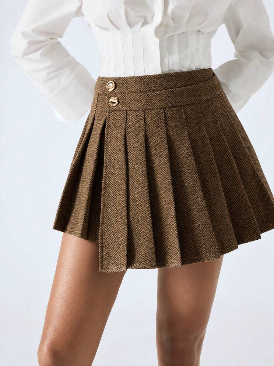 LYSMO 女士侧扣人字纹褶裥不对称下摆时尚半身裙 - 咖啡棕 - 查看 1