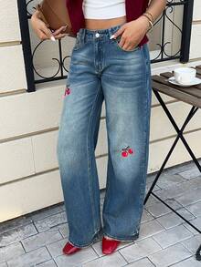 Muchica Women's Retro Blue Low-Waisted Straight-Leg Jeans, Korean Style, Cute Red Cherry Embroidered Christmas Jeans. Winter - Dark Wash - View 4