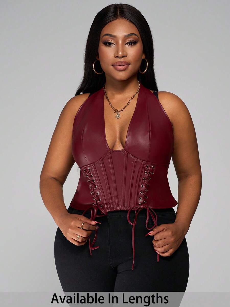 SHEIN PETITE CURVE 大码女式纯色简约休闲 PU 皮革露背领扣眼装饰系带背心 Y2K 外出酒红色 V 领露肩上衣 - 酒紅色 - 查看 1