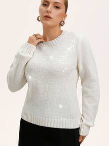 GENKIRA French Crew Neck Sequin Embellished Relaxed Fit Pullover Sweater - White - View 4