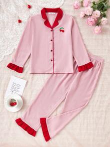 2pcs/Set Girls' Minimalist Cherry Embroidery Ruffle Trim Comfortable Loose Pajama Set